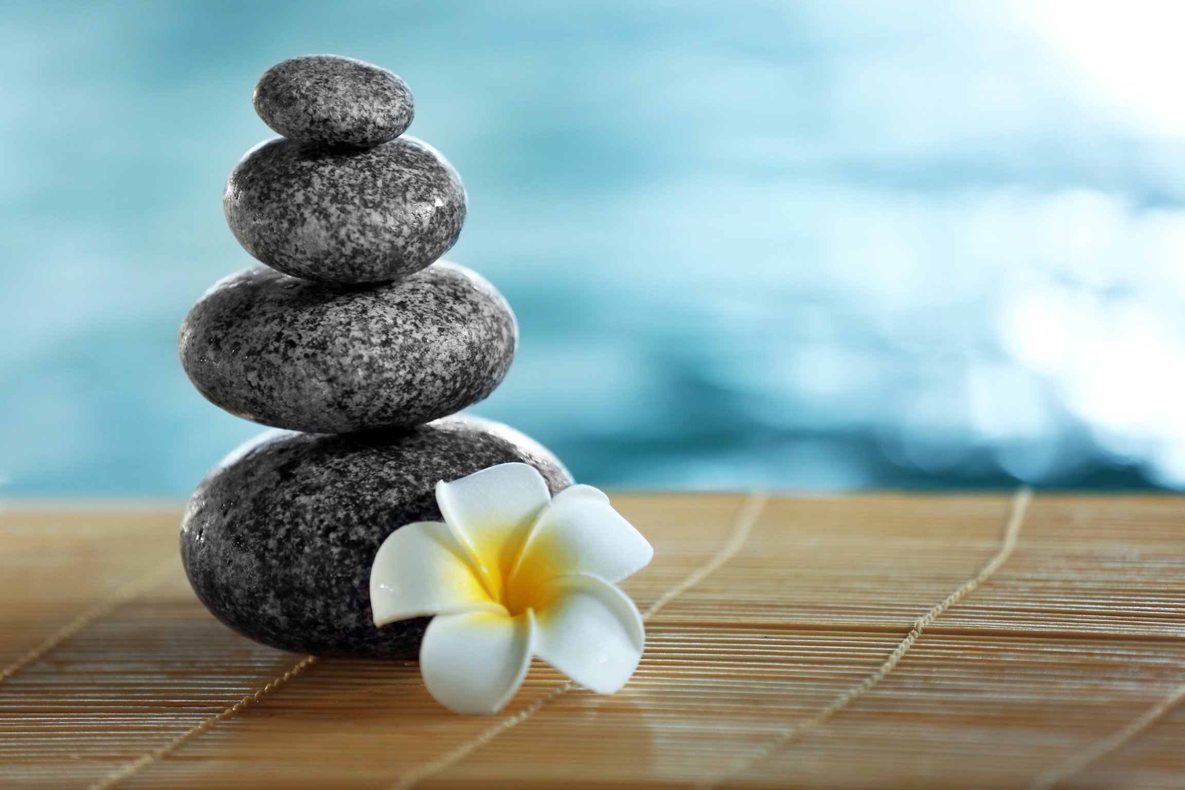 Spa Stones and Plumeria Flower on Bamboo Mat